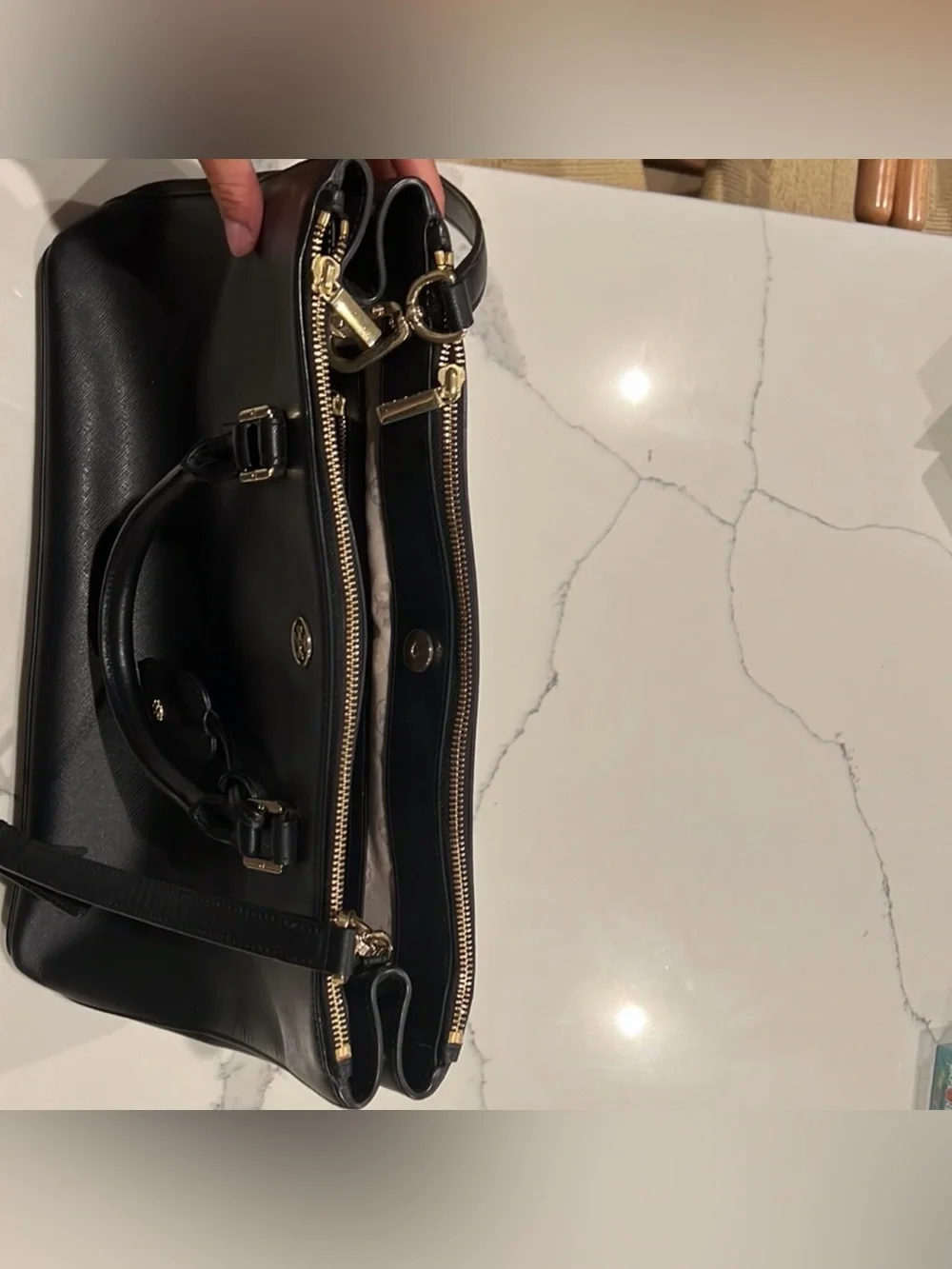 Tory Burch Black Leather Top-Zip Satchel with Gold Hardware